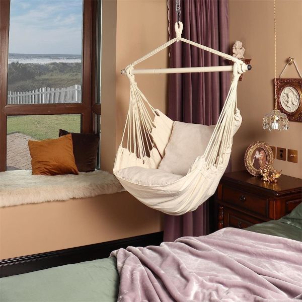 Hammock Chair Hanging Rope Swing - Max 500 Lbs - 2 Cushions Included - Steel Spreader Bar with Anti-Slip Rings
