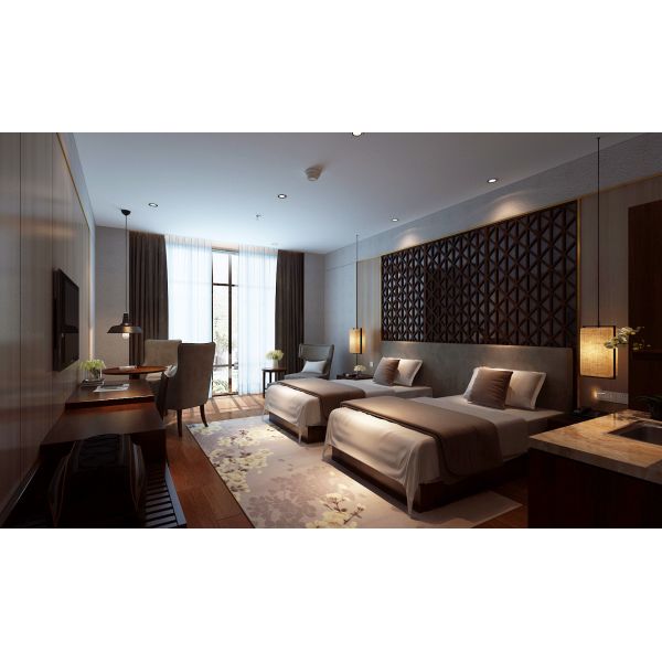 Customized Hotel Bedroom Furniture Sets Walnut Veneer Bed E1 Plywood