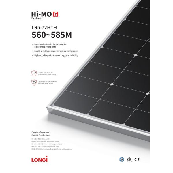 182mm Longi Pv Modules 560w 565w 580W 585W Mono Perc Solar Panel Half Cut