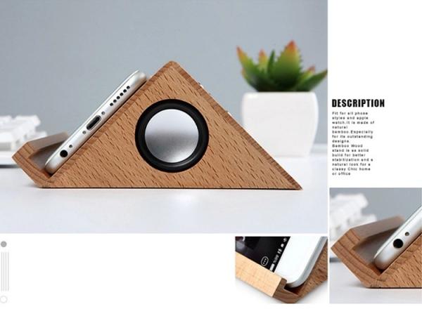 2018 retro style triangle dual 3W mobile phone holder wireless amplifier wooden portable speaker