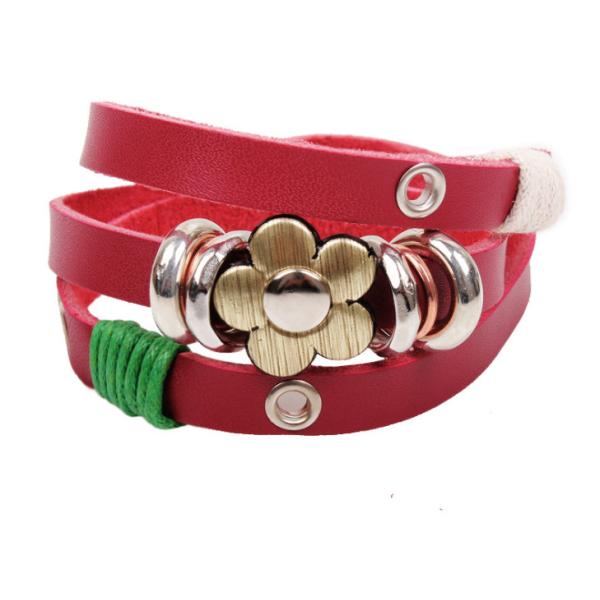 Triple wrap red leather bracelets brass flower charm