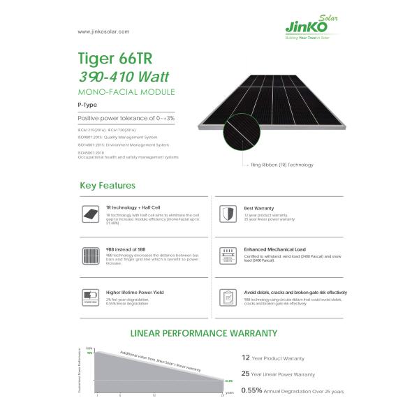 AKS Jinko Tiger P-type 66tr Solar Panel 390W 395W 400W 405W 410W Solar Panel Panneau Solaire Jinko Solar PV Module Price