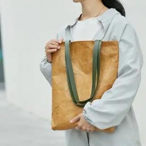  Brown Tyvek Paper Washable Tote Bags Sustainable Bio Degradable With Leather Handle Strap Manufactures