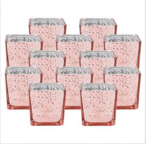 China Speckled pink rose gold square tube shape Mercury Glass Votive Candle Holder on sale
