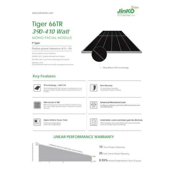 390W 395W Module Jinko Solar 400W 405W 410W Half Cell Rooftop Solar System With CE TUV