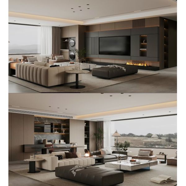 Modern Italian Quiet Luxury Light & Dark Oak Two-Tone Whole House Integrated Custom Cabinet System, Living Room TV Fireplace Wall, Dining Marble Backlit Sideboard, Master & Secondary Bedroom Wardrobe,