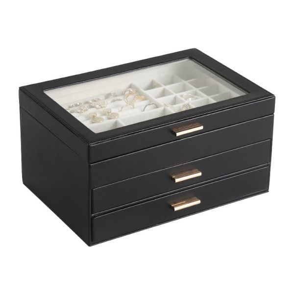 Black PU Leather Jewelry Box with Glass Lid and Magnetic Closure - 3 Layer Large Desktop Storage Organizer with Removable Dividers