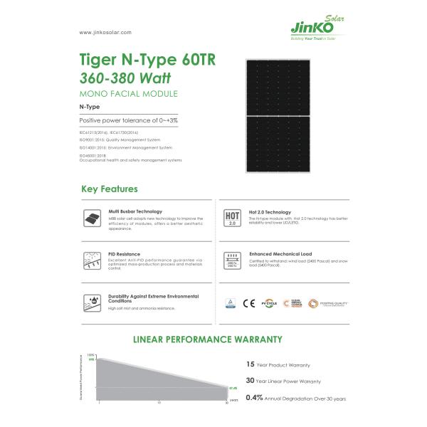 AKS Jinko Tiger N-type 60tr Solar Panel 360W 365W 370W 375W 380W Solar Panel Painel Solar Jinko Solar PV Module
