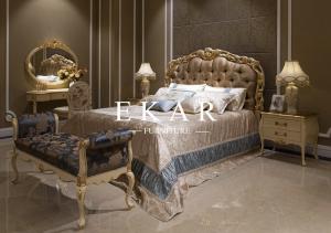  Italian Luxury Antique Carved Wood Fabric Bed Bedroom Furniture Manufactures