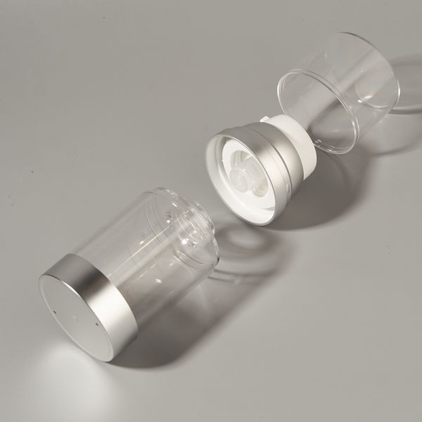 Factory Wholesale Luxury Empty 100ml 150ml 120ml ABS AS Airless Pump Bottle Customized Matte Glossy Silver UV Supplier