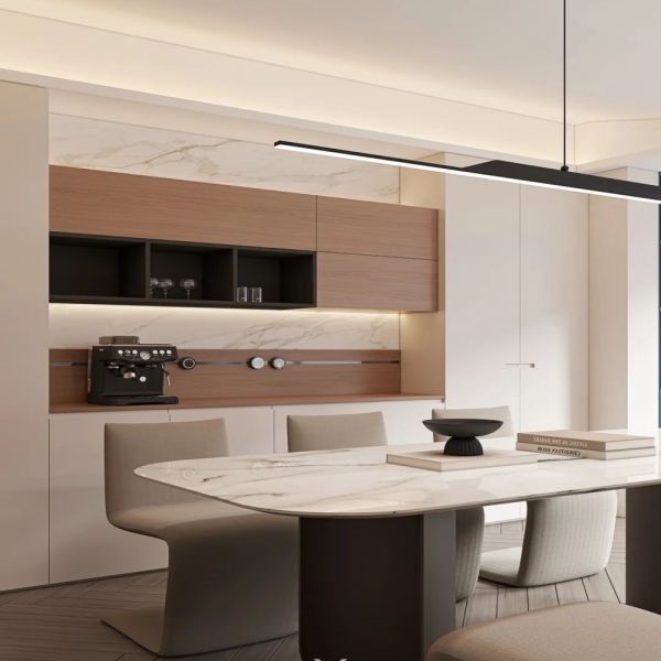 Modern Cream Light Wood Minimalist Integrated Living-Dining-Kitchen Custom Cabinet System, Full Wall Handle-Free Concealed Cabinet, Dining Side Bar, Coffee Water Bar & Integrated Kitchen Cabinet