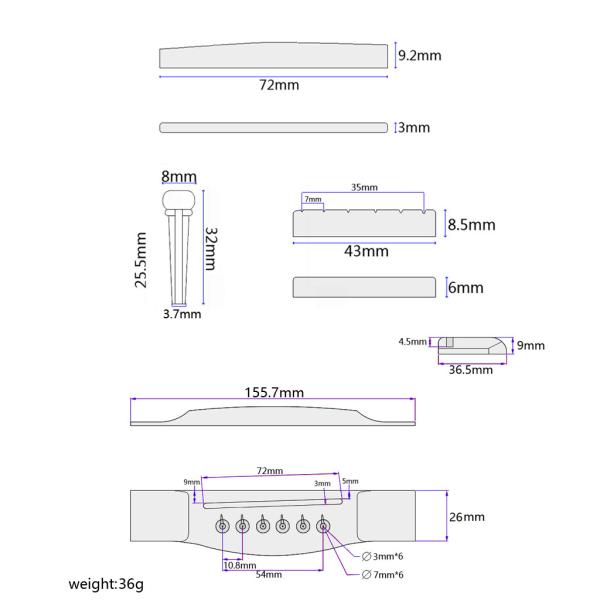 6 Pins Acoustic Electric Guitar Bridge 155.7*26*9.2MM Elegant Touch
