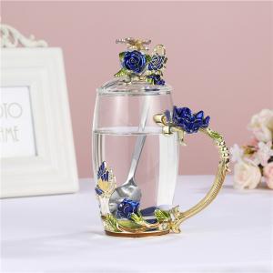  Glass Enamel 320ml Coffee Mug Cups With Spoon Handmade Butterfly Rose Manufactures