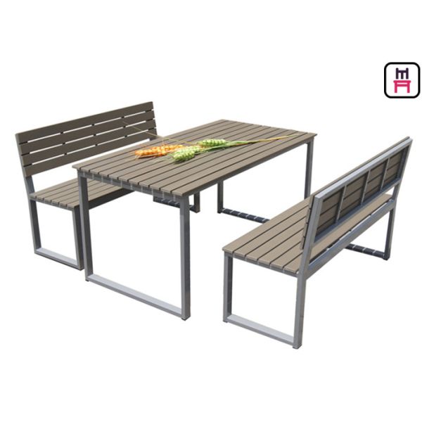 Plastic Wood Outdoor Restaurant Tables Commercial KD Patio Dining Sets With Bench