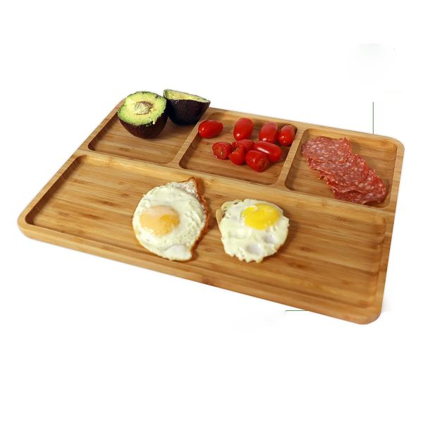 4 Compartment Fast Food Bamboo Serving Trays / Divided Plates