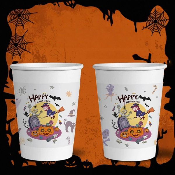 Custom-Printed Halloween Disposable Paper Cups with Lids & Straws – For Hot/Cold Beverages & Party Use