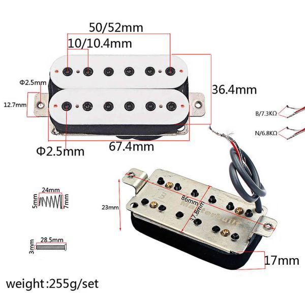 Powerful Alnico Magnet Pickup Set Dual Coil 6~7KΩ/Neck 7~8KΩ/Bridge DC Resistance