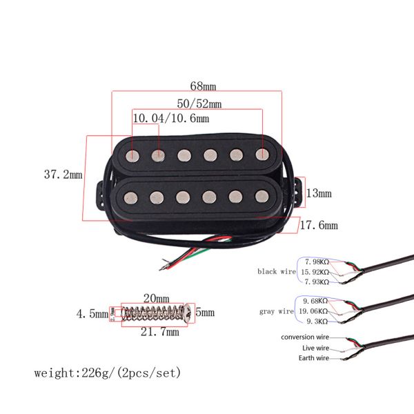 Durable Alnico 5 Black Humbucker Pickup Set N15.92K/B19.06K Output With Springs