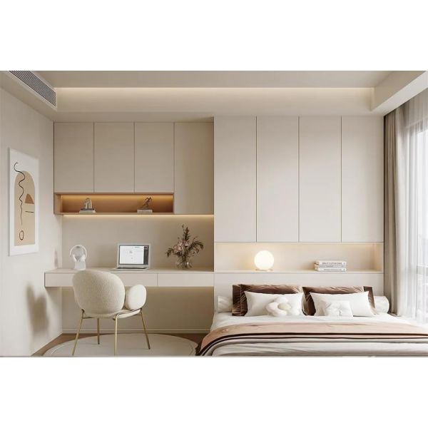 Minimalist Cream Handle-Free Integrated Wardrobe Desk & Bedside Background Cabinet