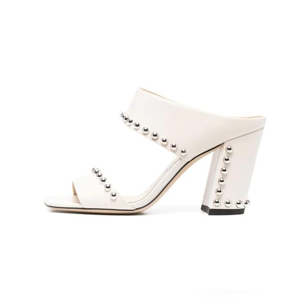 White Lambskin Ladies Block Heel Sandals Metallic Dome Rubber Outsole