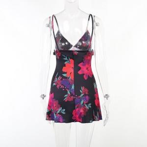  OEM maufactory European and American  polyrster sleeveless short skirt sexy V -neck rose printed ruffled camisole dress Manufactures