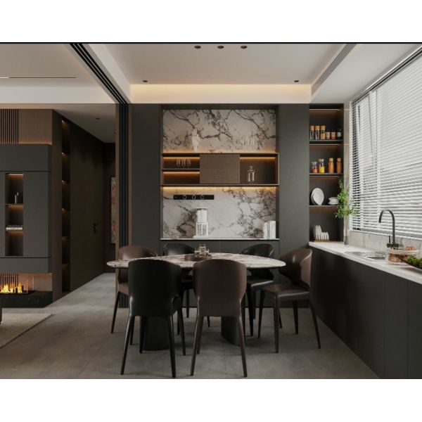 Modern Italian Quiet Luxury Light & Dark Oak Two-Tone Whole House Integrated Custom Cabinet System, Living Room TV Fireplace Wall, Dining Marble Backlit Sideboard, Master & Secondary Bedroom Wardrobe,