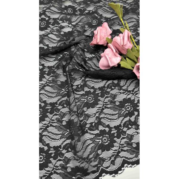 Full Width Stretch Lace Fabric In Black Elegant Floral Patterns And Scalloped Edges For Fashion Women Dress