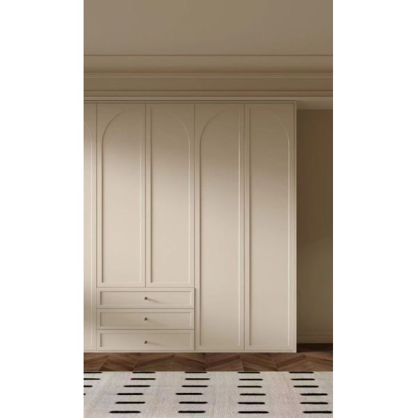 French Cream Arched Recessed Panel Wardrobe With Floating Wood Dressing Desk & Open Display Nook