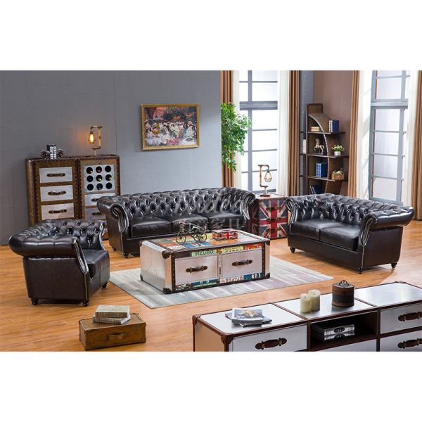 Nidea #8971 American Vintage Three-Seat Genuine Leather Sofa Set Comfortable Durable Cowhide Oil Wax Straight Buckle Hotel Villa
