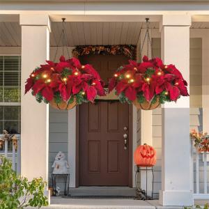 China Pre Lit Fake Poinsettia Hanging Basket With LED Lights OEM on sale