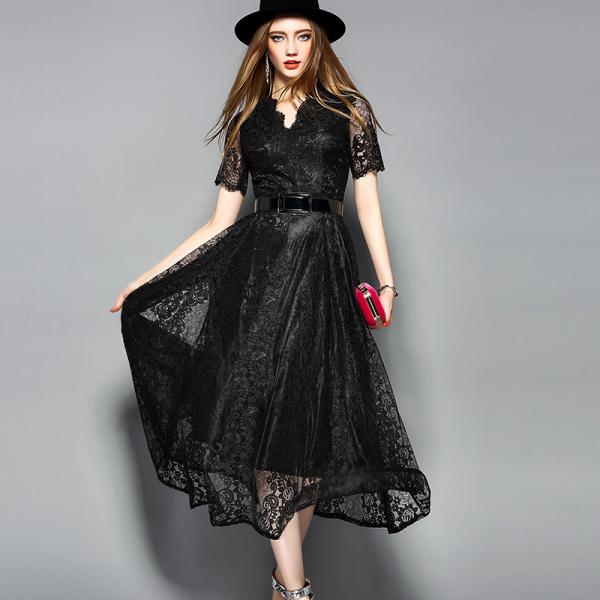Quality Black wholesale  Belted Lace Dress for Women Clothing with zipper for sale