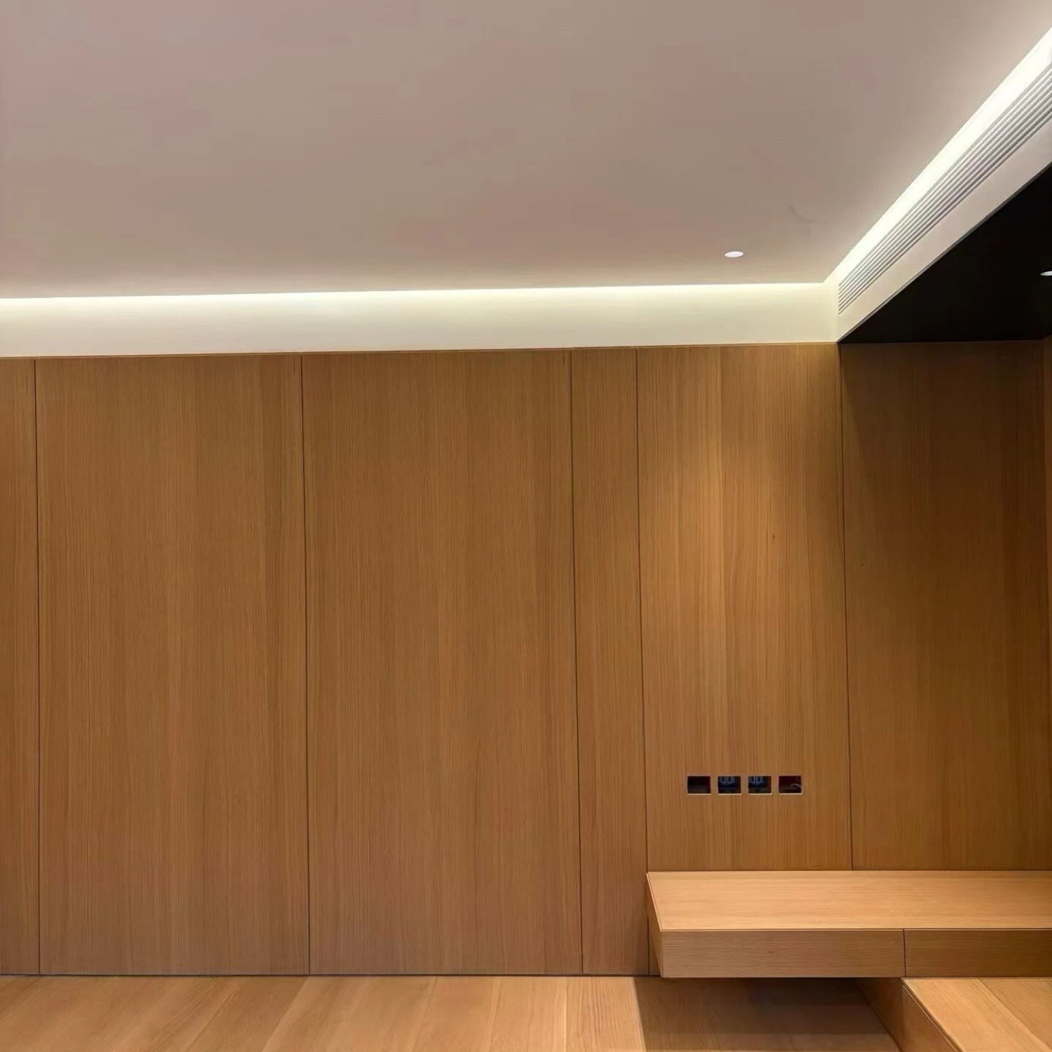 Modern Minimalist Solid Wood Veneer Integrated Wall Panel & Concealed Full‑Height Cabinet
