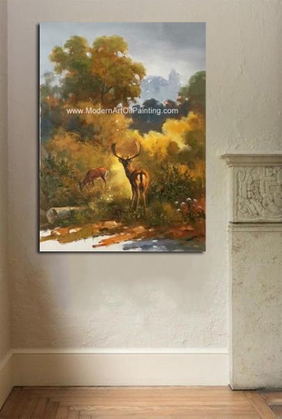 Canvas Classic Animal Oil Painting , Two Deer Framed Wall Art 24" X 36" For Reading Room
