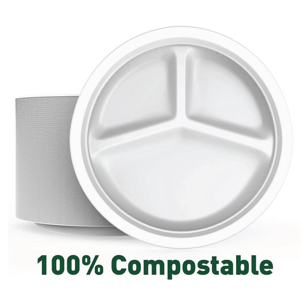 OEM Multi Role Sugar Cane Fibers 3 Compartment Paper Plates
