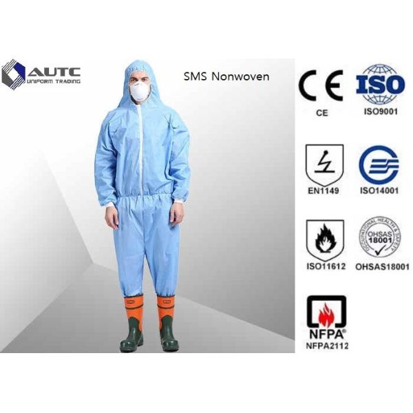 Non Woven Chemical Protective Clothing Full Face Two Way Zipper Bound Seams