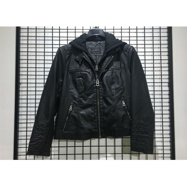 Autumn Black Mens PU Jacket Faux Leather Biker With Detachable Knit Hood