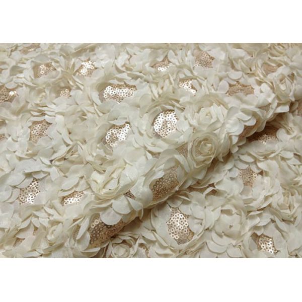 Romantic Champagne Rosette Sequin Lace Fabric , Nylon Bridal Mesh Fabric
