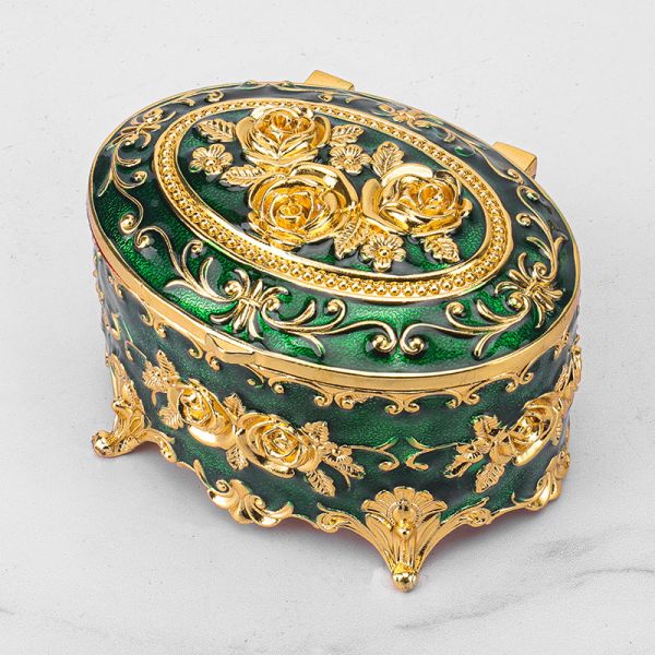 8.9x5.9cm Gold Green Rose Enamel Oval Metal Jewelry Storage Organizer Box with Zinc Alloy Material