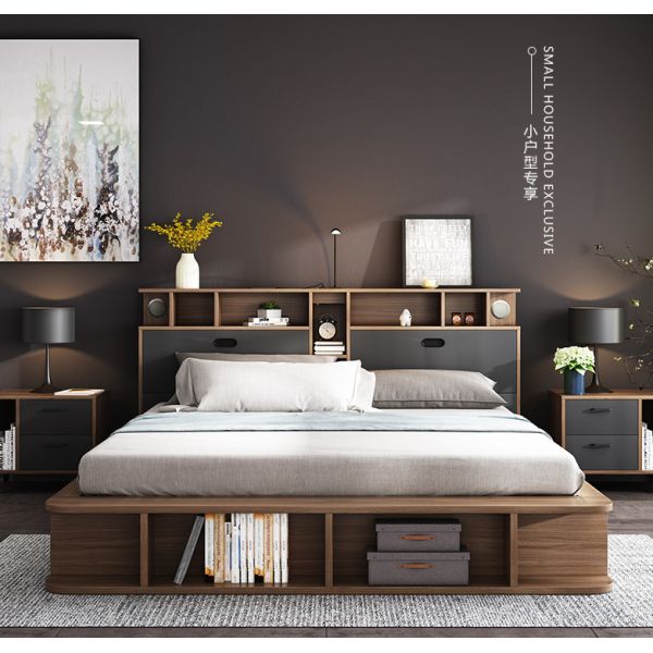 Apartment Flat Wood Platform Bed , Bedroom Furniture With Storage Cabinet