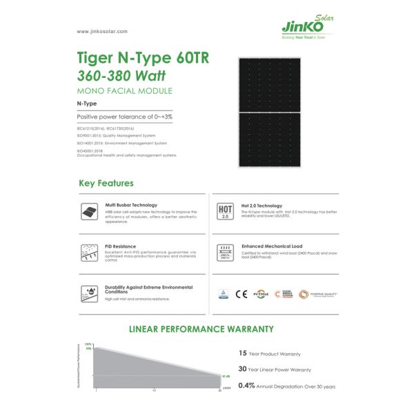 AKS Jinko Tiger N-type 60tr Solar Panel 360W 365W 370W 375W 380W Solar Panel Painel Solar Jinko Solar PV Module
