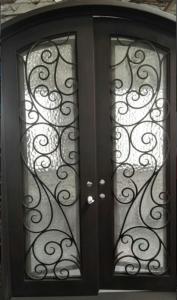 China Finished Surface Arched Top Wrought Iron Door Front Entry Door With Rain Tempered Glass For  House on sale