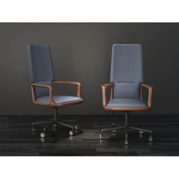 Modern Solid Wood Desk Chair With Wheels Leather Seat Blue Color