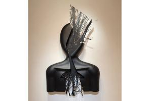 China 145cm H Fiberglass Abstract Figure Wall Art Sculpture Black Matt Finish on sale