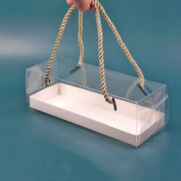 Clear Roll Cake Boxes With Gold Rope Handle & Cake Boards, Homemade & Bakery Transparent Plastic Gift Boxes，Easy Carrying, Storage Containers For Slice Cake, Christmas Rectangular Transparent Cake Box