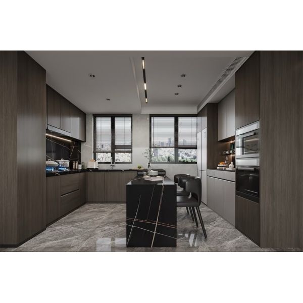 Dark Wood & Grey Two-Tone U-Shaped Integrated Kitchen Cabinet with Island